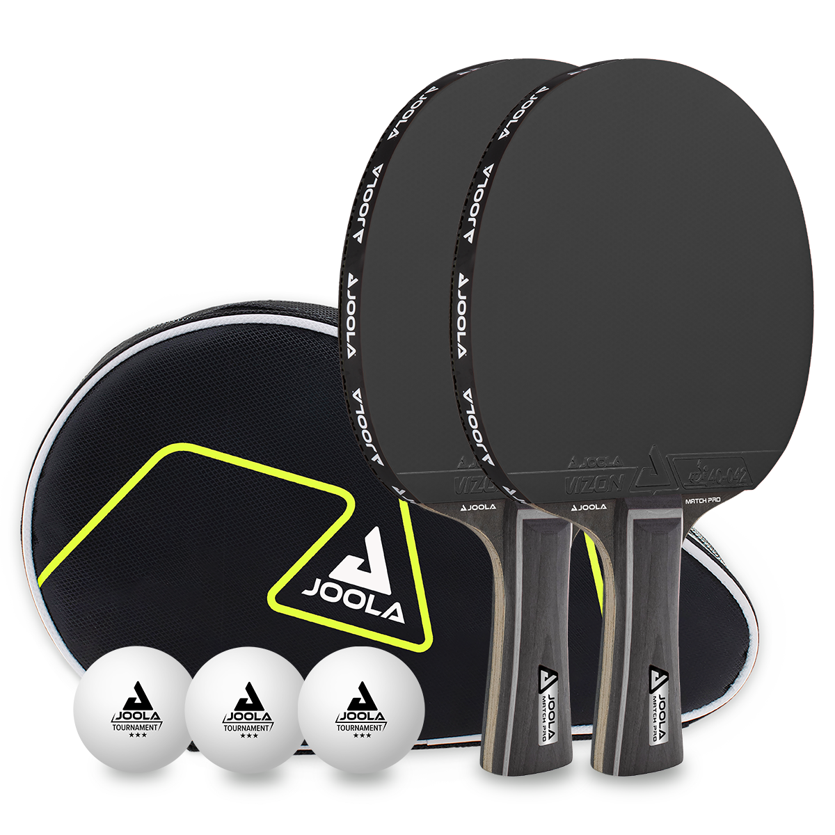 Two JOOLA table tennis bats with case and three white JOOLA table tennis balls, black-grey design.