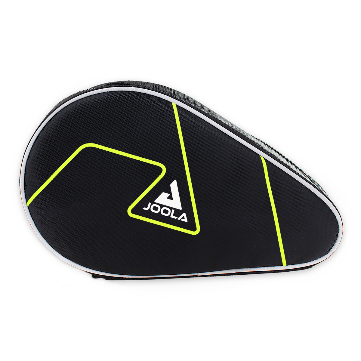 Black JOOLA bat bag with yellow lines and white logo, suitable for table tennis bats.