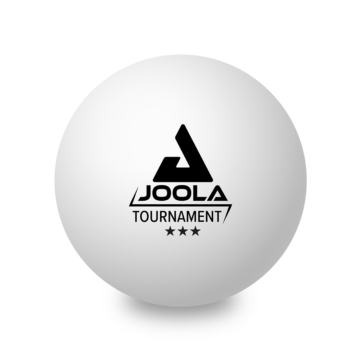 White JOOLA Tournament table tennis ball with black logo and three stars, on white background.