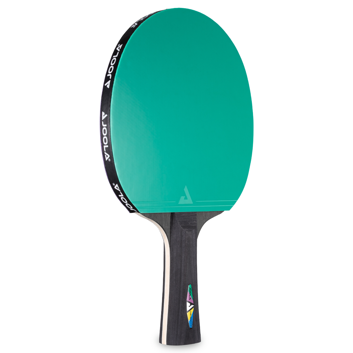 Green JOOLA table tennis bat with black handle and black edge with white JOOLA logo.