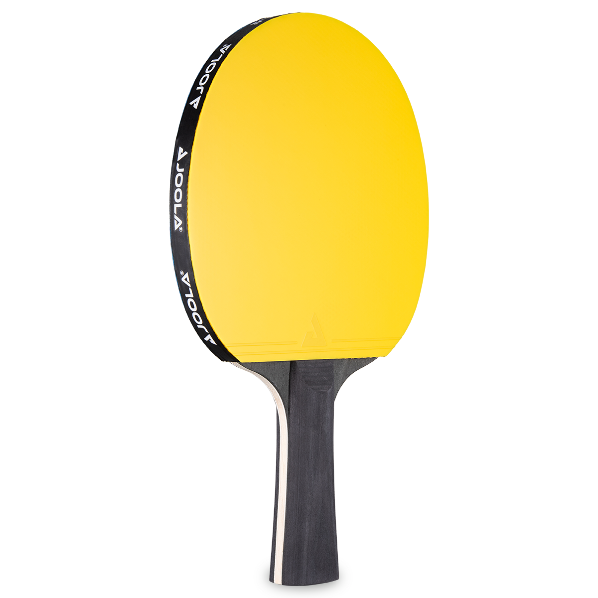 Yellow JOOLA table tennis bat blade with black handle and black edge with white JOOLA logo.