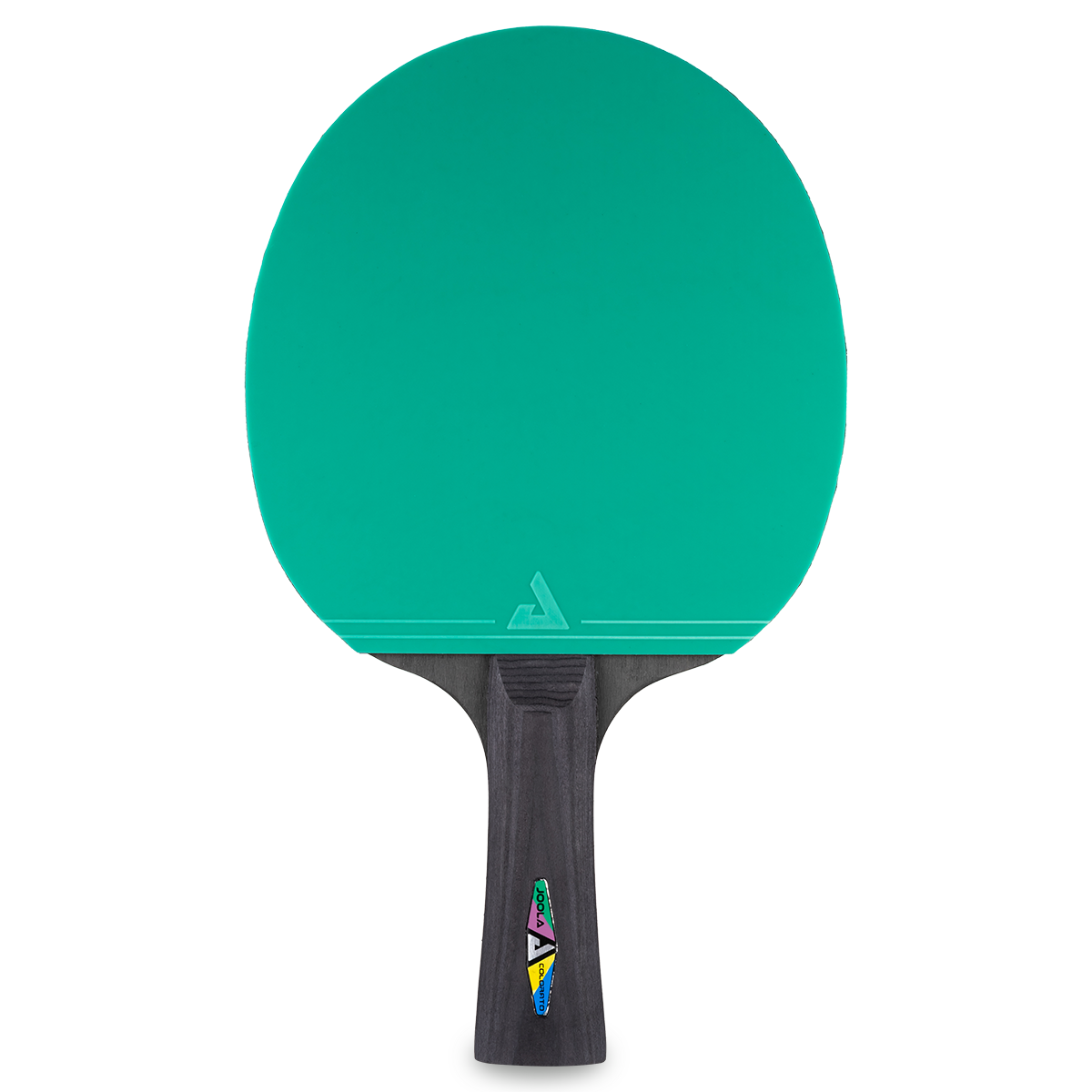 Table tennis bat with green rubber and black handle, isolated on white background.