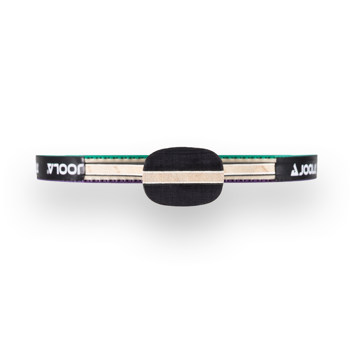 Table tennis bat JOOLA from above, handle with black and light wood, green and violet rubbers, black edge with logo.
