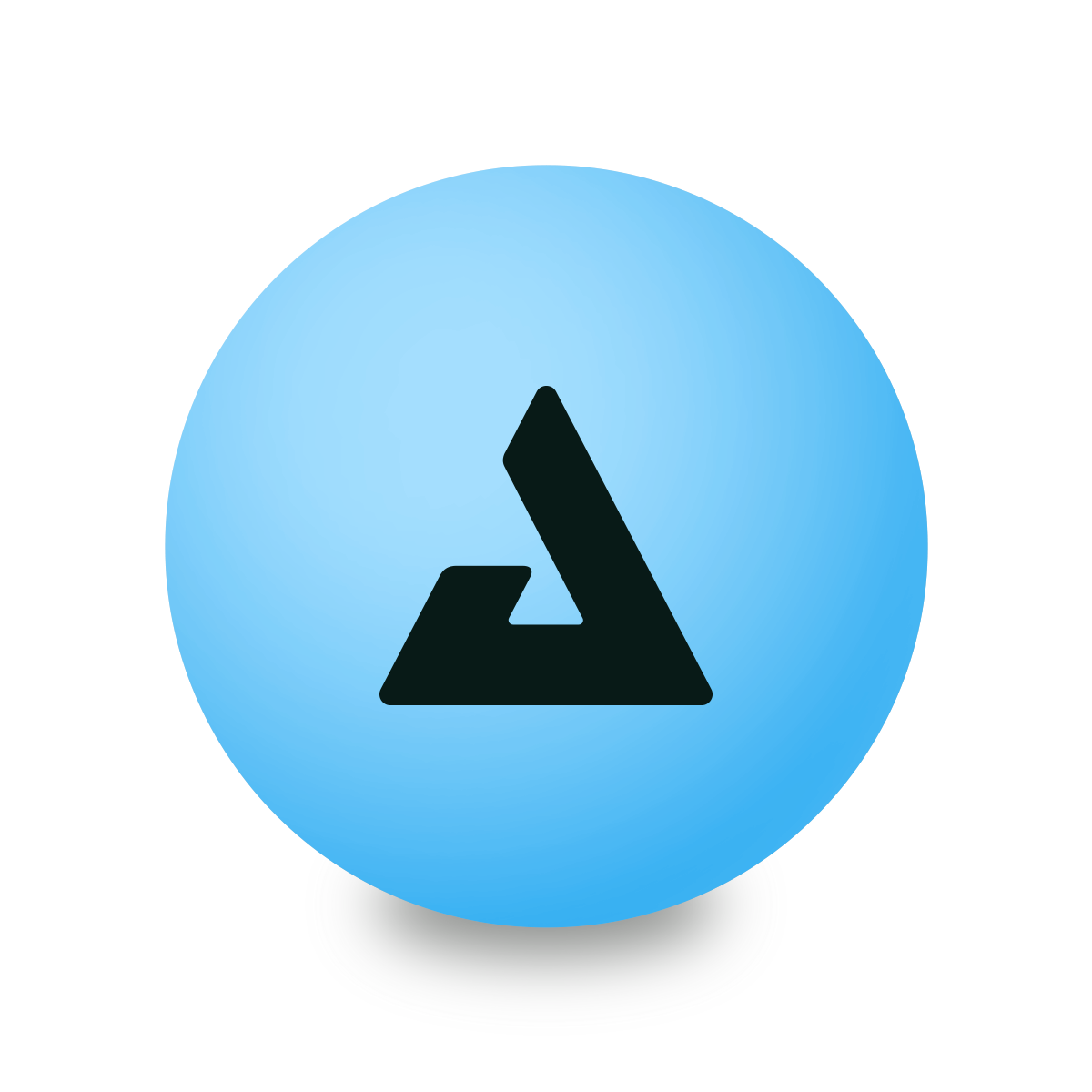 Blue gym ball with black stylised triangle logo in the centre, on a white background.