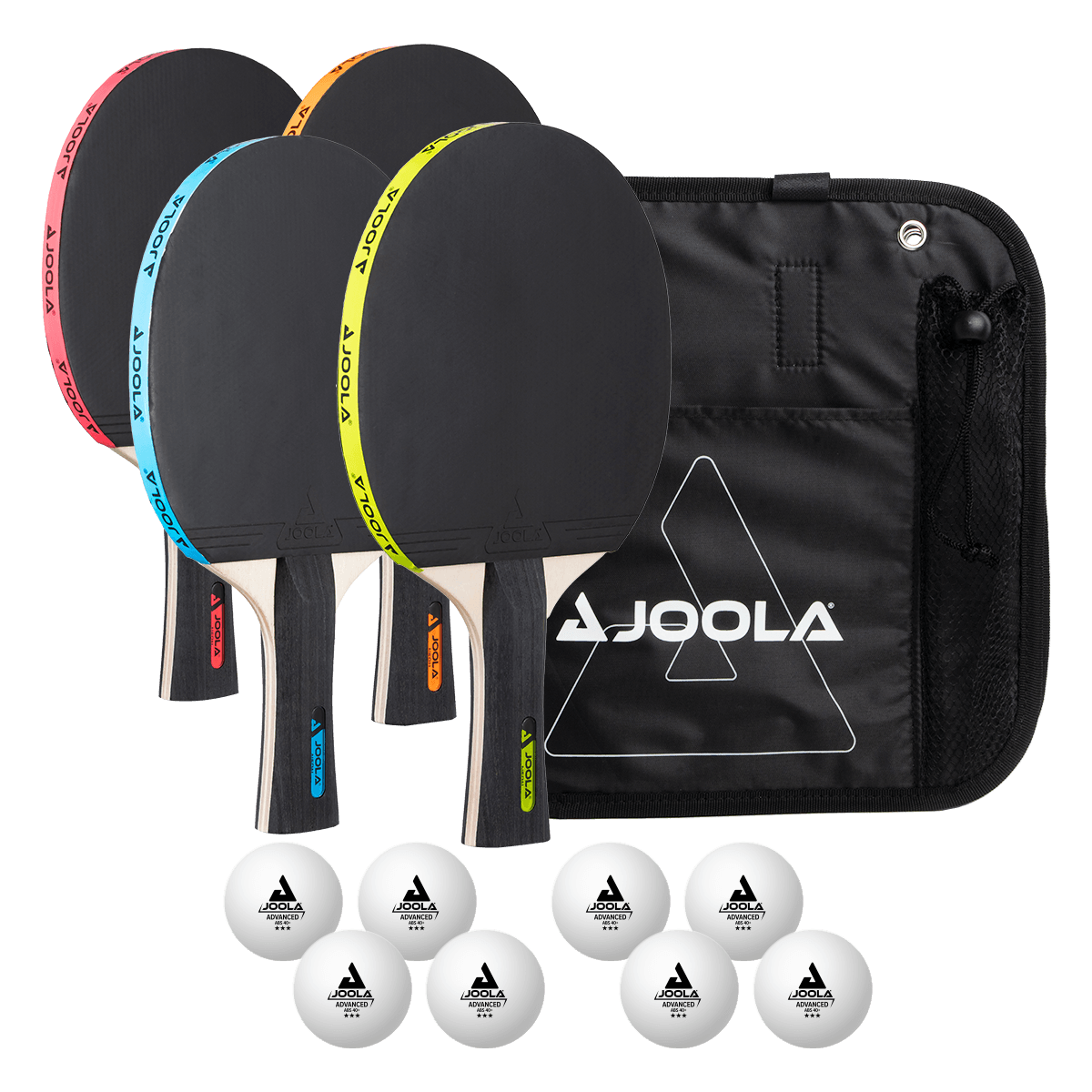 Four colour-coded JOOLA table tennis bats, eight white JOOLA table tennis balls, and a black JOOLA bag.