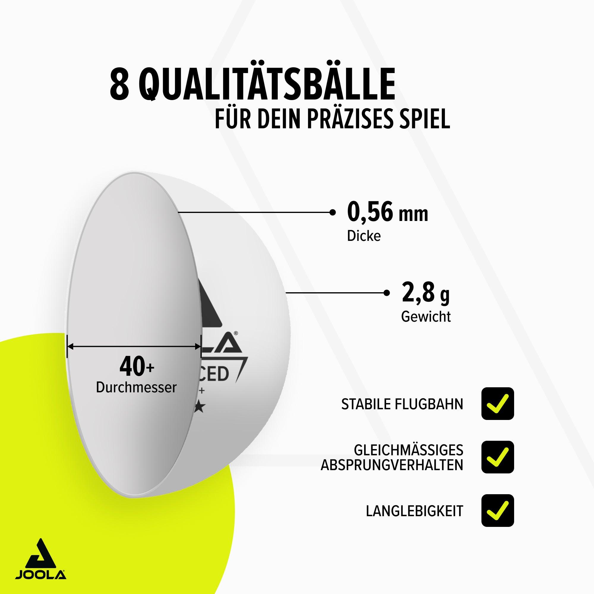 Product image of 8 white table tennis balls by JOOLA, diameter 40 mm, thickness 0.56 mm, weight 2.8 g, stable flight, consistent bounce