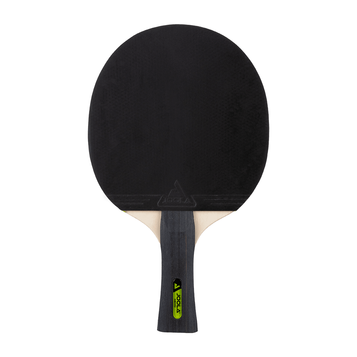 Table tennis bat with black rubber and black handle with green JOOLA logo.