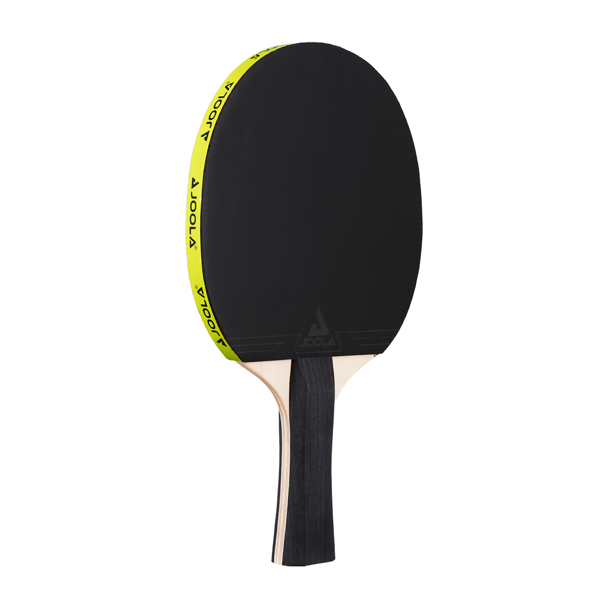 Table tennis bat with black rubber and yellow edge, brand JOOLA.