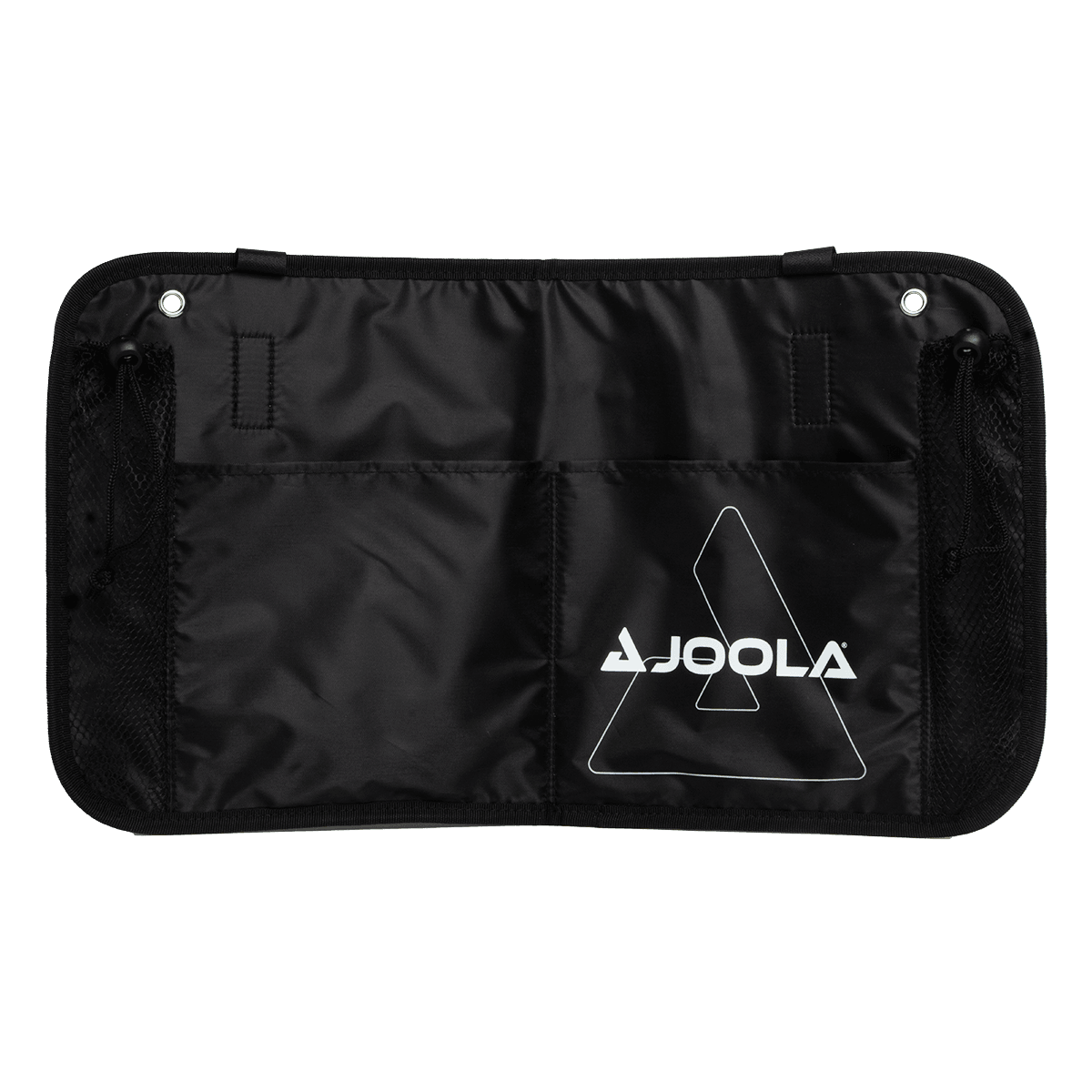 Black JOOLA table tennis bag with multiple compartments and mesh side pockets.