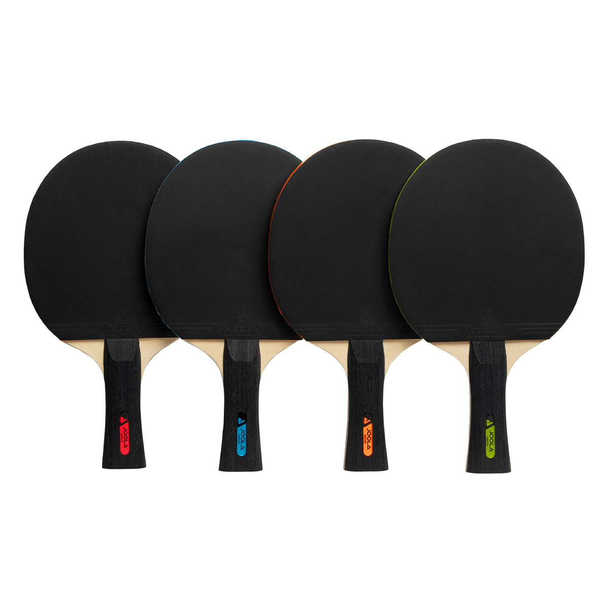 Four table tennis bats with black rubber and colour-coded handles in red, blue, orange, and green.