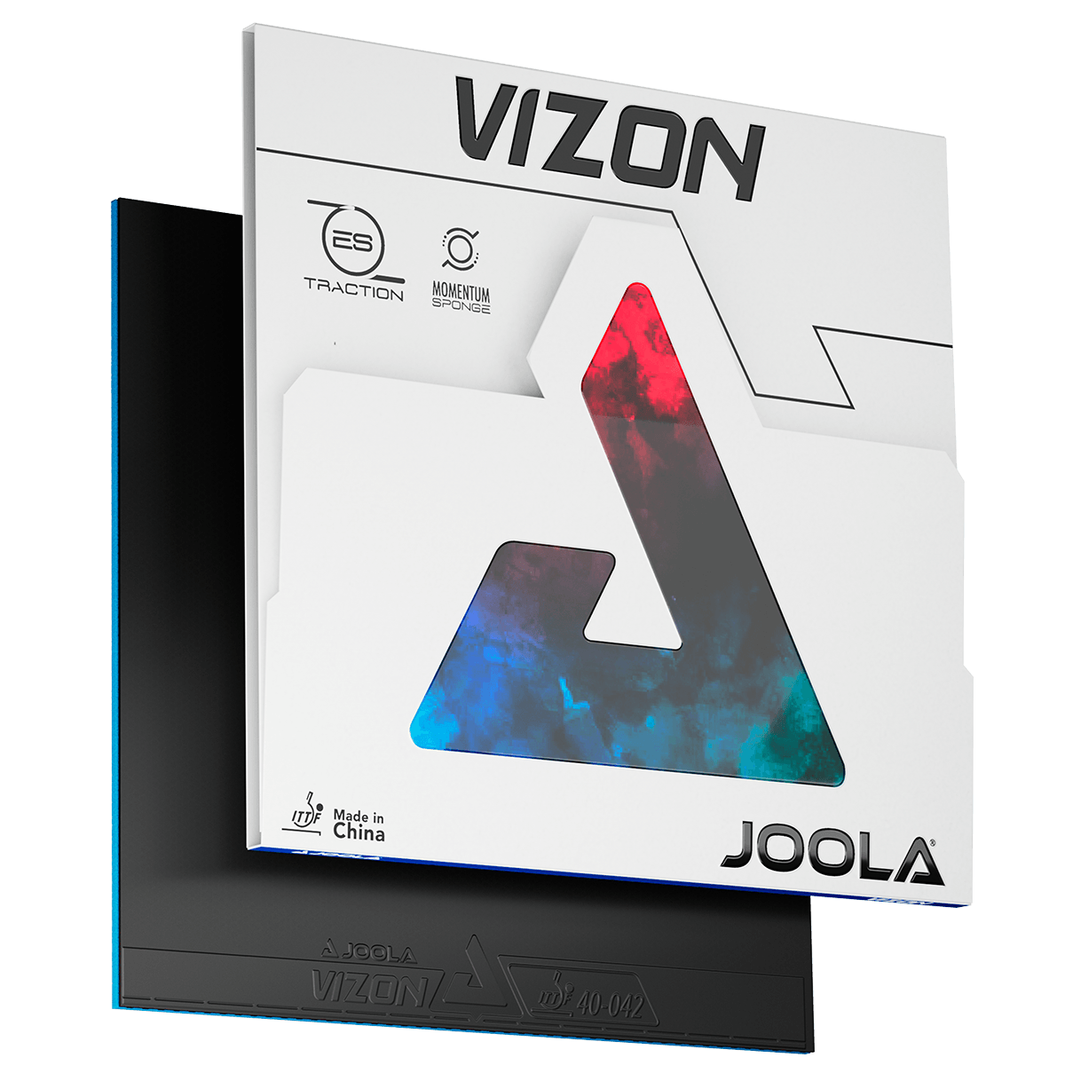 JOOLA table tennis rubber Vizon in black with white packaging and colourful triangle design.