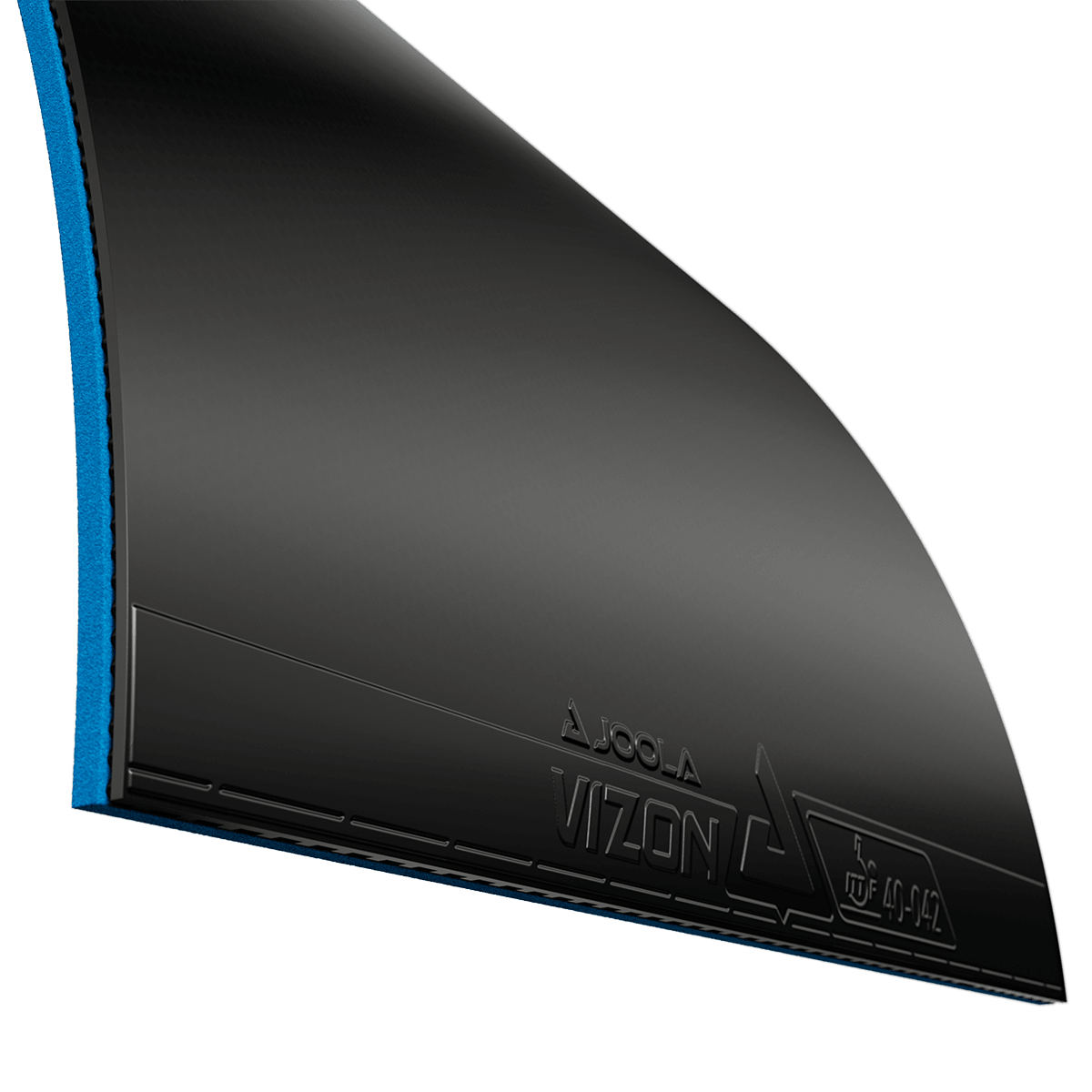 Close-up of black JOOLA Vizon table tennis rubber with blue sponge underside.