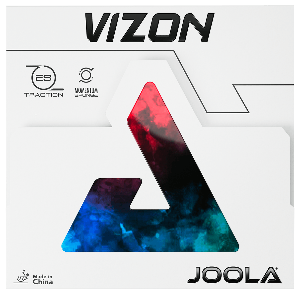 Packaging of the JOOLA Vizon table tennis rubber with colourful triangle design and logos.