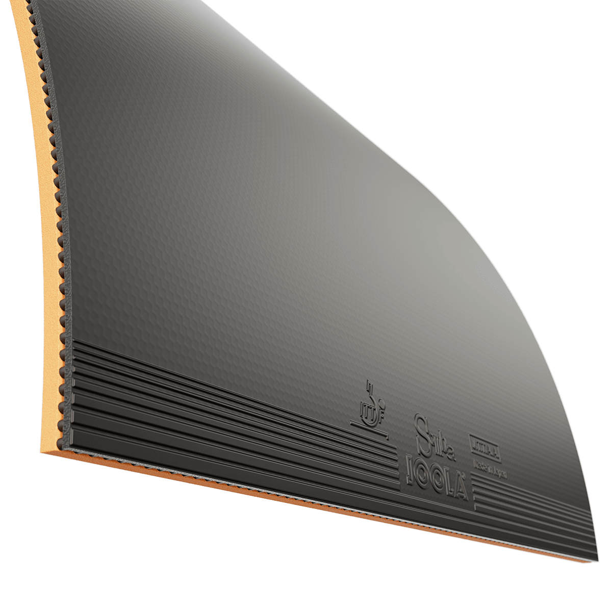 Black table tennis rubber with orange sponge layer and JOOLA logo.