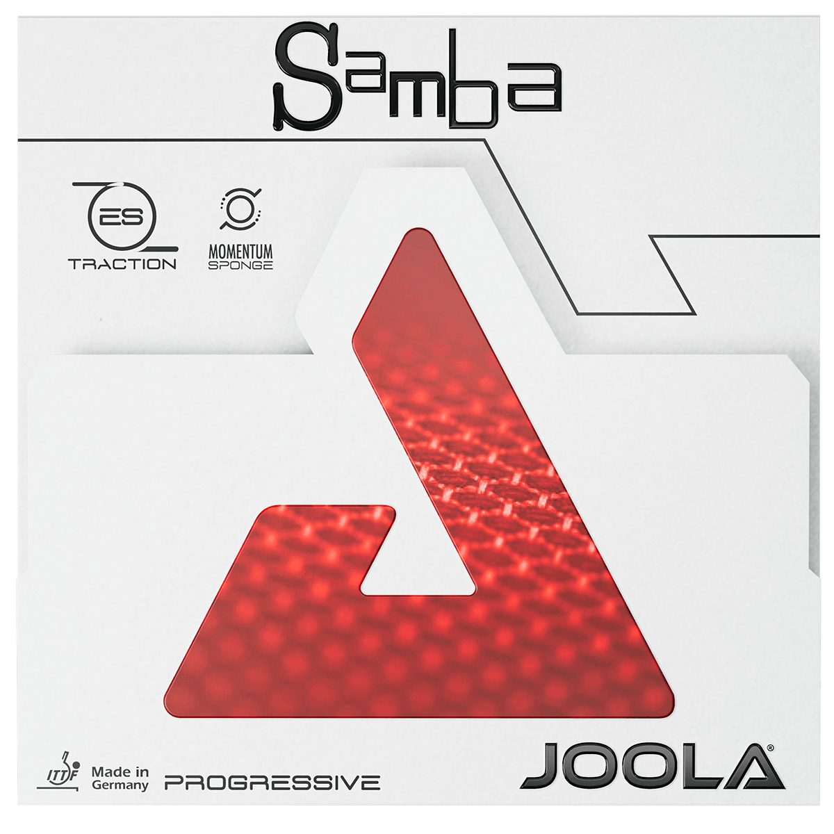 JOOLA Samba table tennis rubber in red, packaging with logos and text.