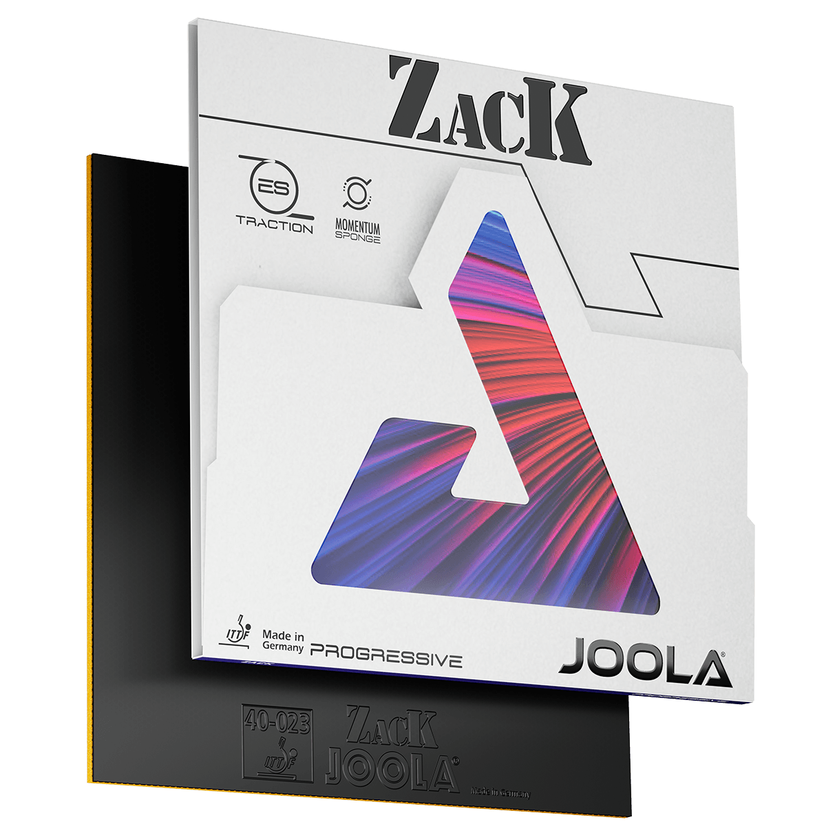 Packaging of a JOOLA Zack Progressive table tennis rubber with black-yellow rubber.