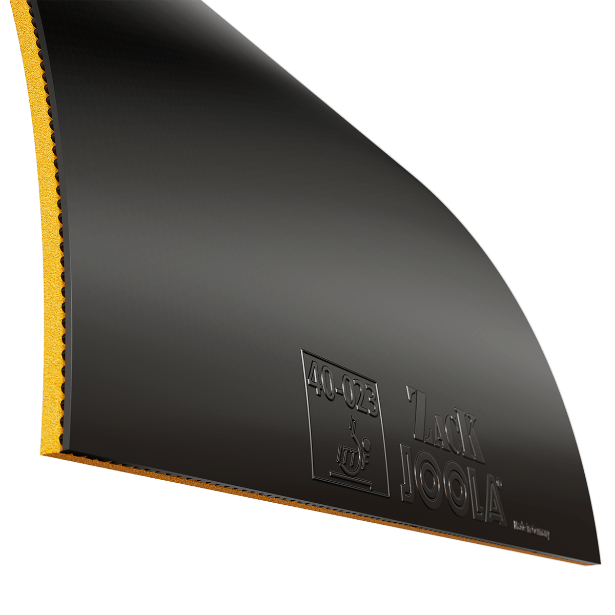 Close-up of black JOOLA Zack table tennis rubber with orange sponge layer.