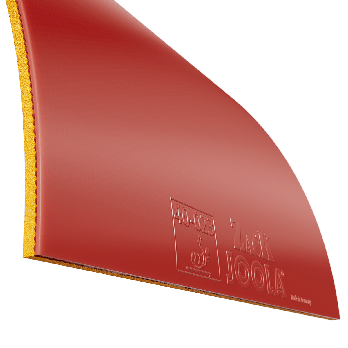 Close-up of JOOLA Zack table tennis rubber in red with yellow sponge.