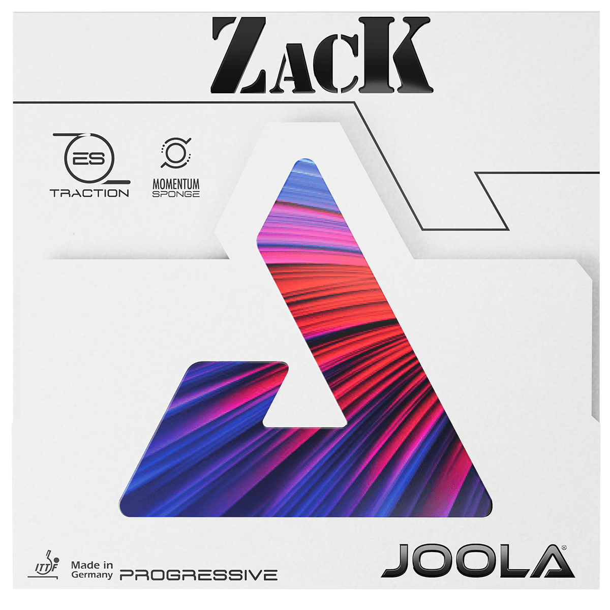 Packaging of a JOOLA table tennis rubber "Zack" with colourful, triangular design and lettering.