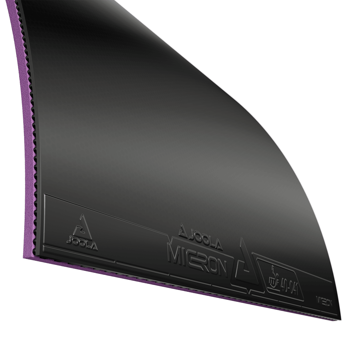 Table tennis rubber JOOLA Micron black with purple sponge, close-up.