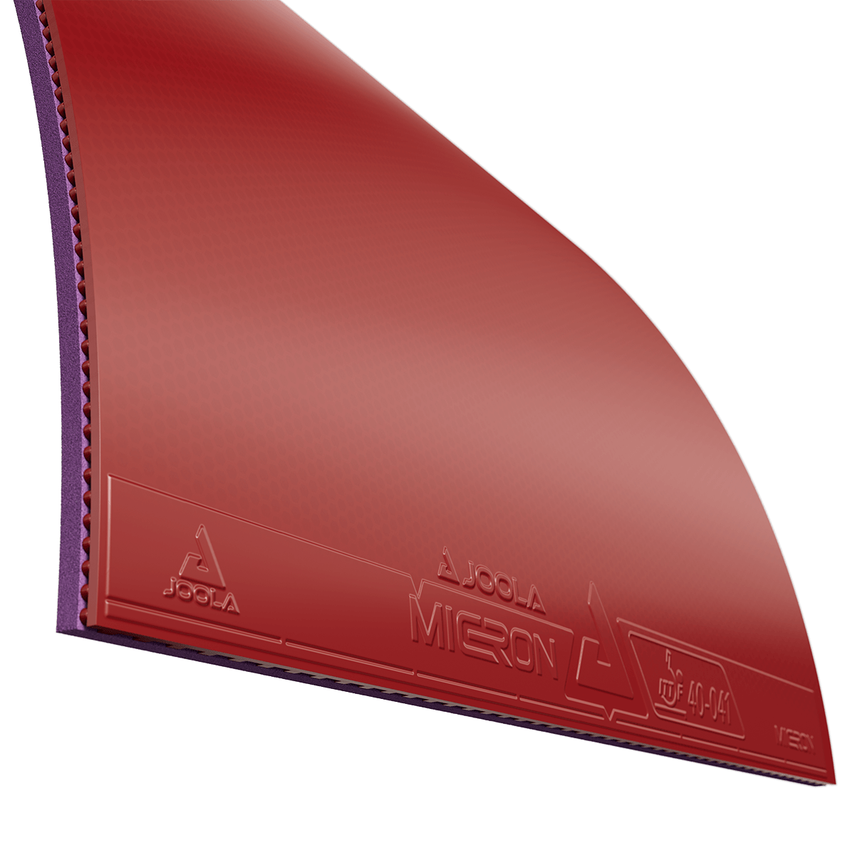 Red JOOLA MICRON table tennis rubber with textured surface and purple sponge backing.