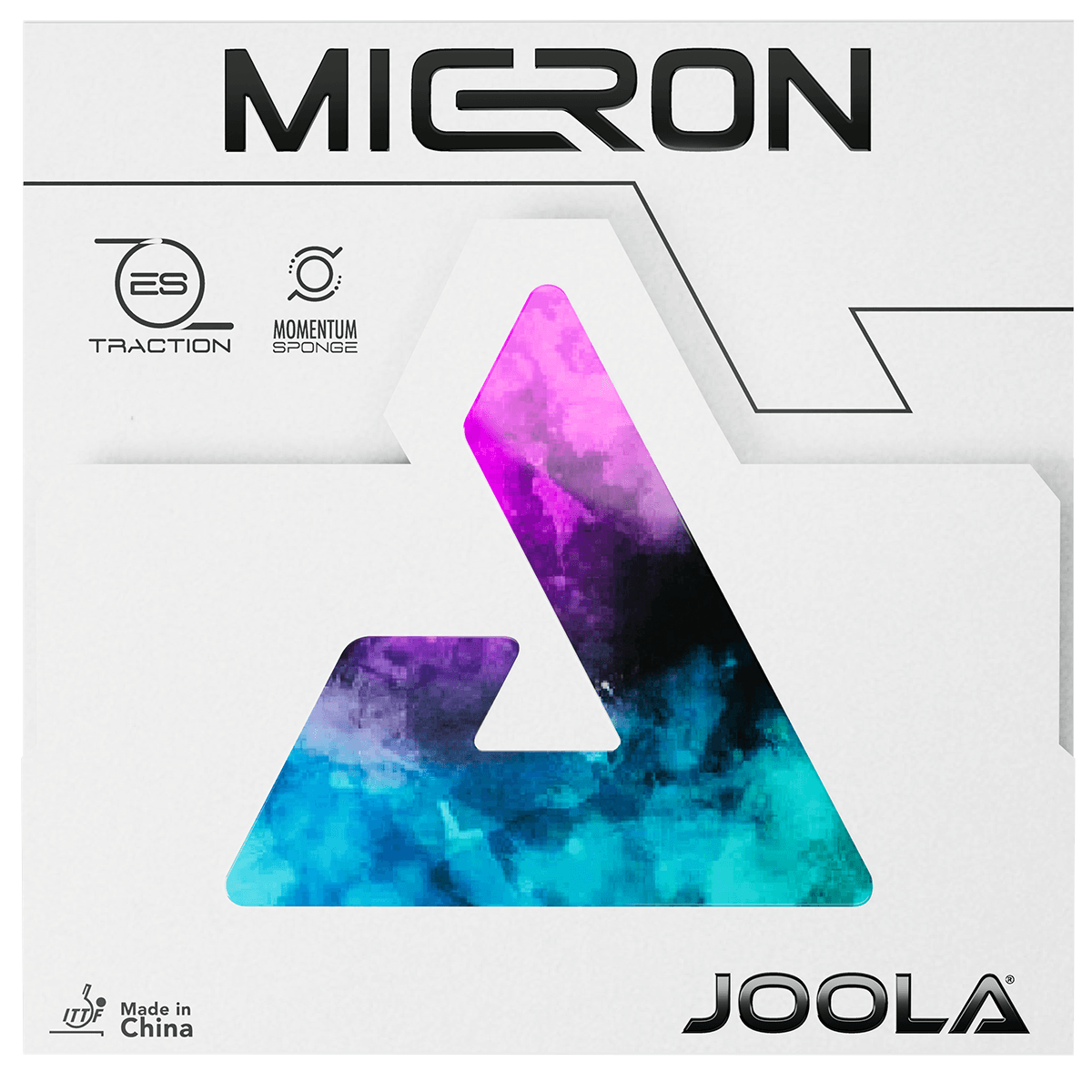 Packaging of the JOOLA table tennis rubber "Micron" with colourful triangular window, white background, and black lettering.