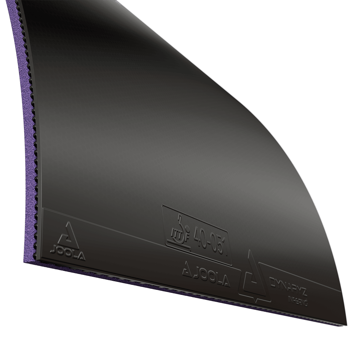 Black table tennis rubber JOOLA Dynaryz Inferno with purple sponge.