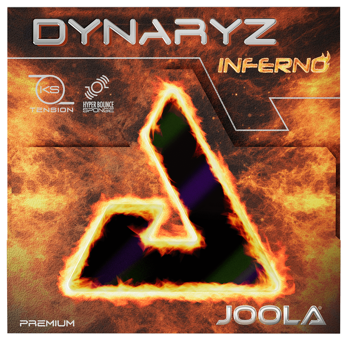 Packaging for JOOLA Dynaryz Inferno table tennis rubber with flame design and lettering.