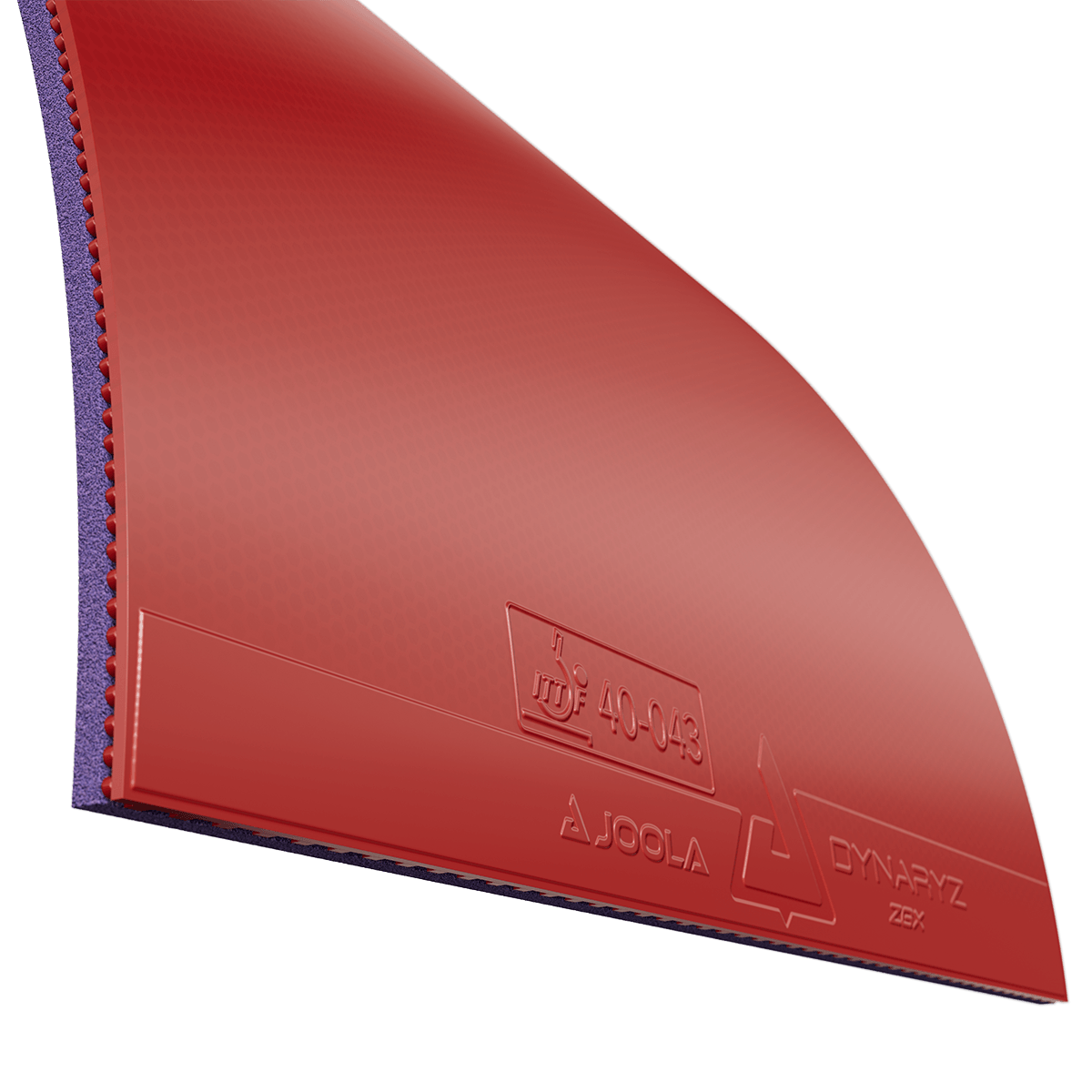 Red table tennis rubber with embossed markings by JOOLA, model Dynaryz Zex.