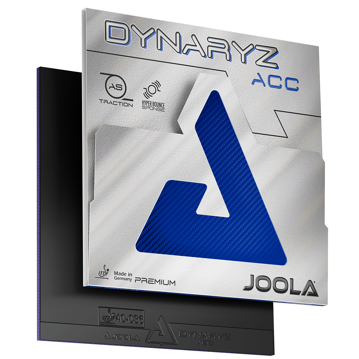 Packaging and table tennis rubber JOOLA Dynaryz ACC in silver and blue.