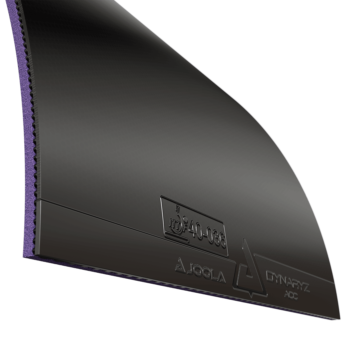 Black JOOLA Dynaryz table tennis rubber with smooth surface and purple sponge.