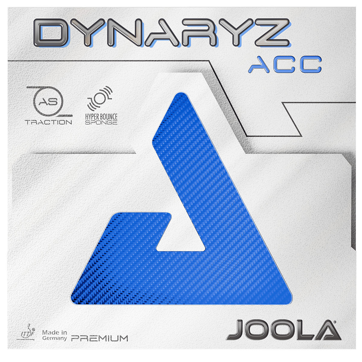 Product image of a JOOLA Dynaryz ACC table tennis rubber with blue logo on white background.