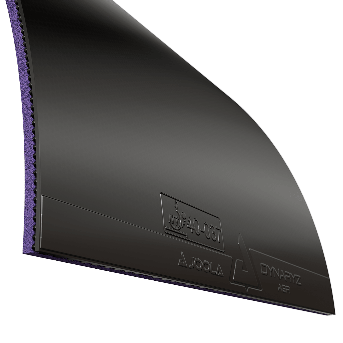 Black JOOLA Dynaryz Ager table tennis rubber with purple sponge layer.