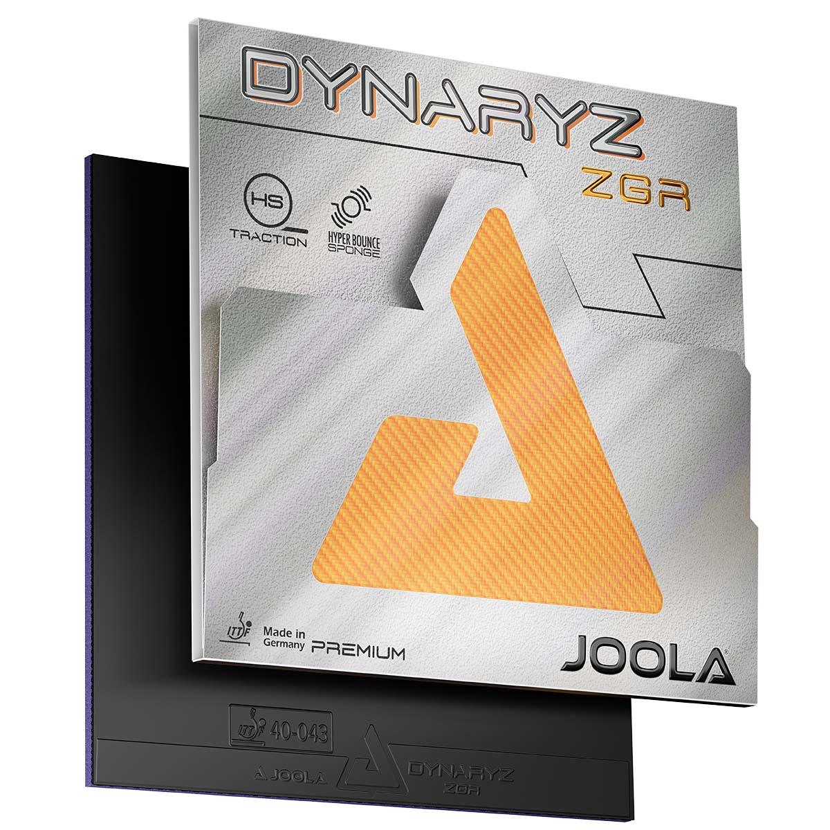 Product image of JOOLA Dynaryz ZGR table tennis rubber in silver-orange packaging.
