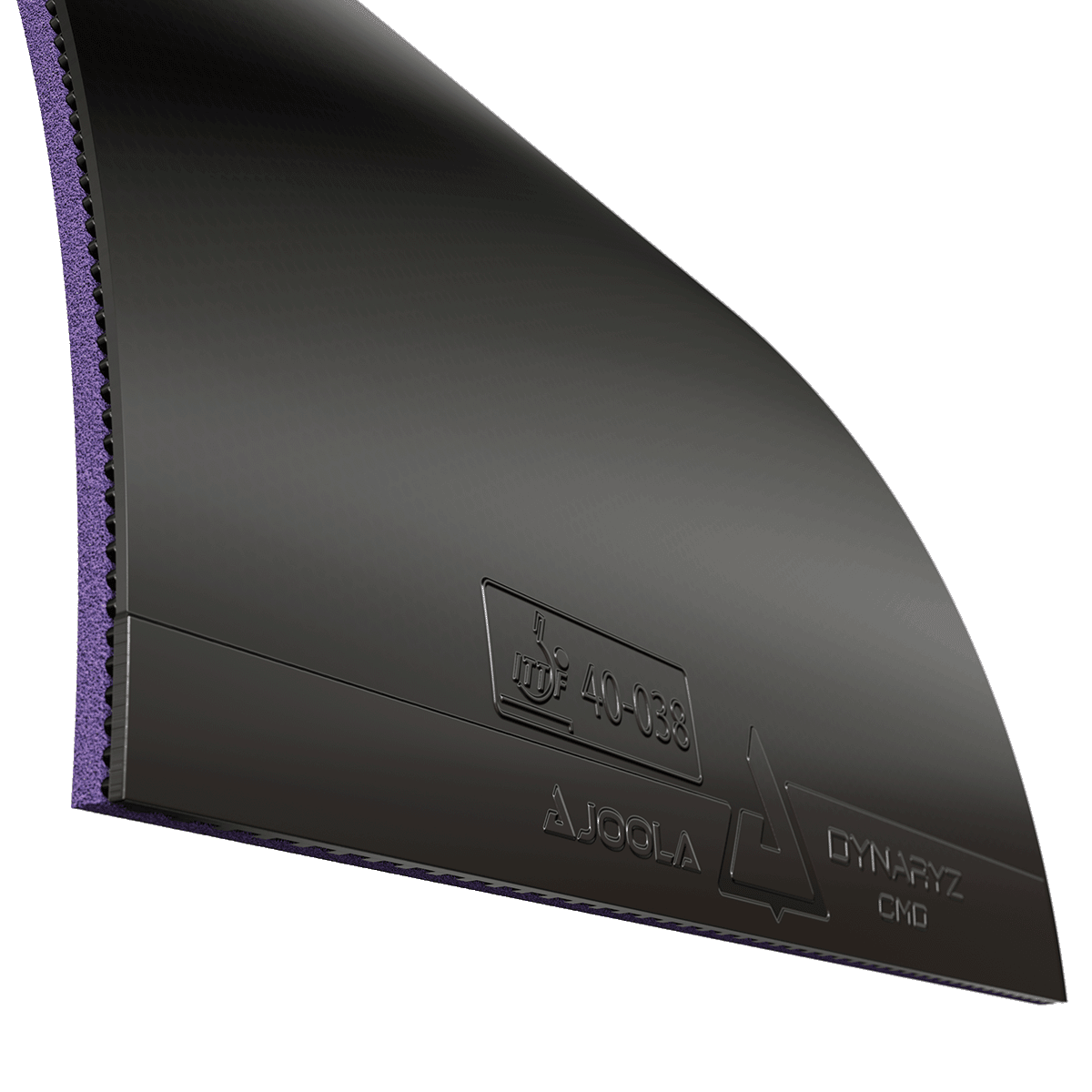 Black JOOLA Dynaryz CMD table tennis rubber with purple sponge, close-up.