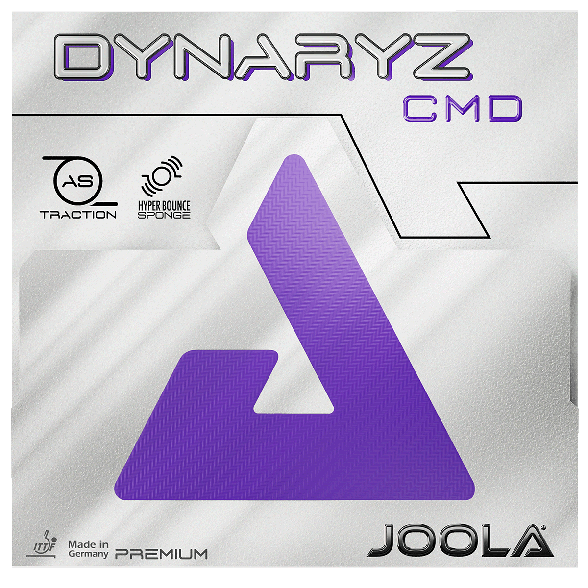 Packaging of a JOOLA Dynaryz CMD table tennis rubber with purple logo and lettering.