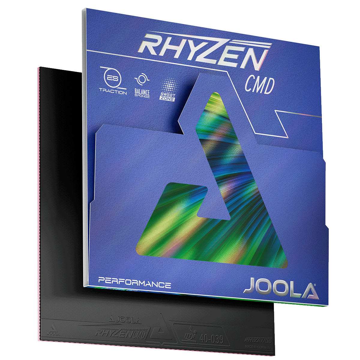 Packaging and table tennis rubber JOOLA Rhyzen CMD in blue and black.