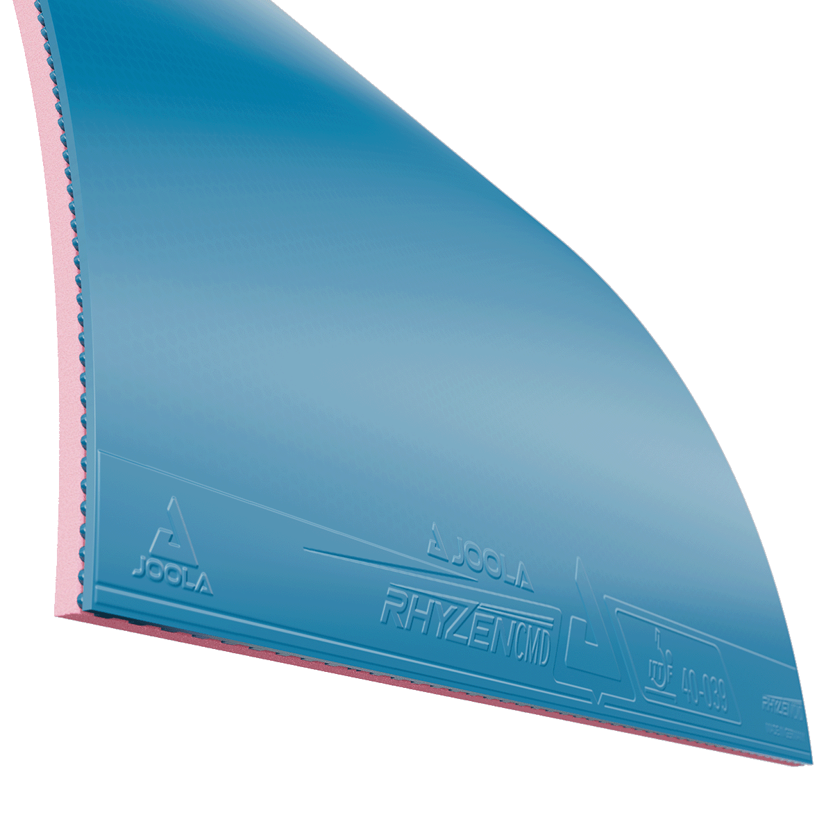 Close-up of a corner of JOOLA Rhyzen CMD table tennis rubber in blue with red sponge.