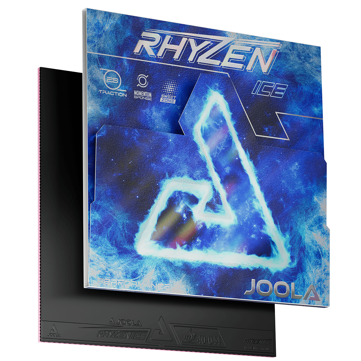 Table tennis rubber JOOLA Rhyzen Ice in black with blue packaging and striking luminous design.