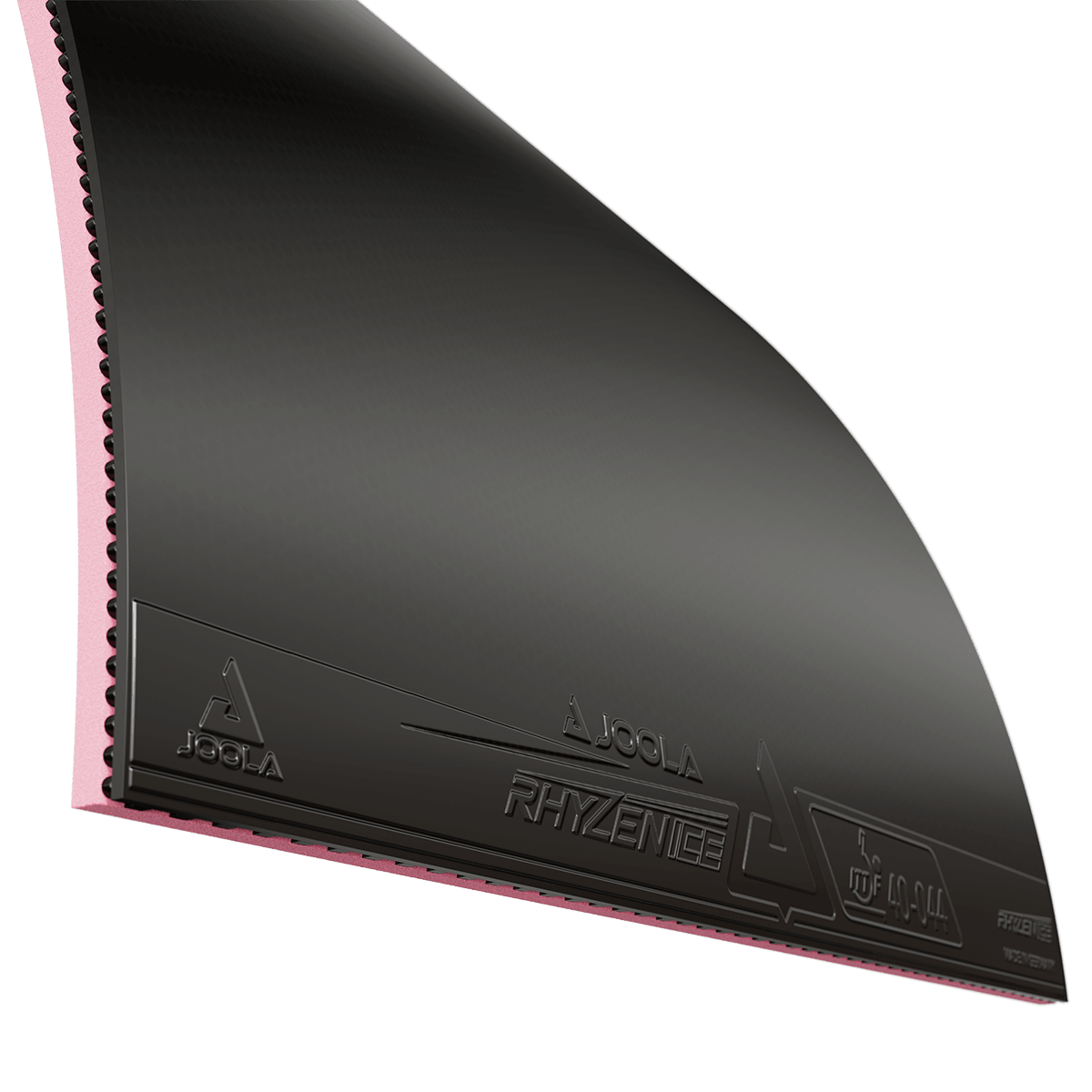 Close-up of black JOOLA Rhyzence table tennis rubber with pink sponge.