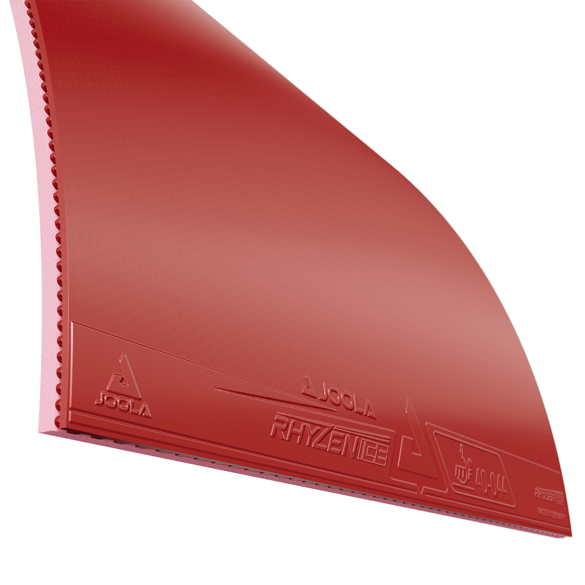 Red JOOLA Rhyzence table tennis rubber with pimple structure on the back.