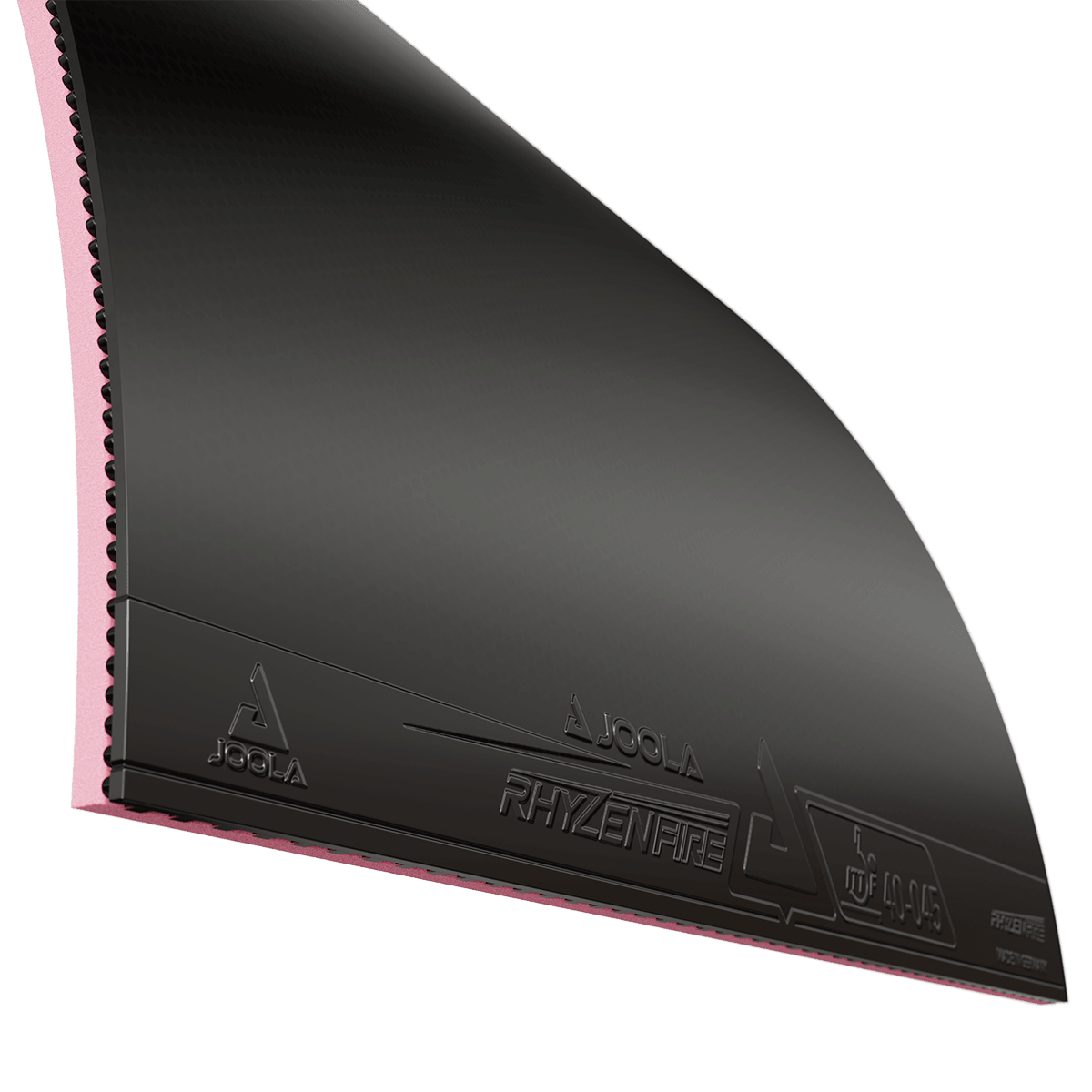 Close-up of black JOOLA Rhzyenfire table tennis rubber with red sponge.
