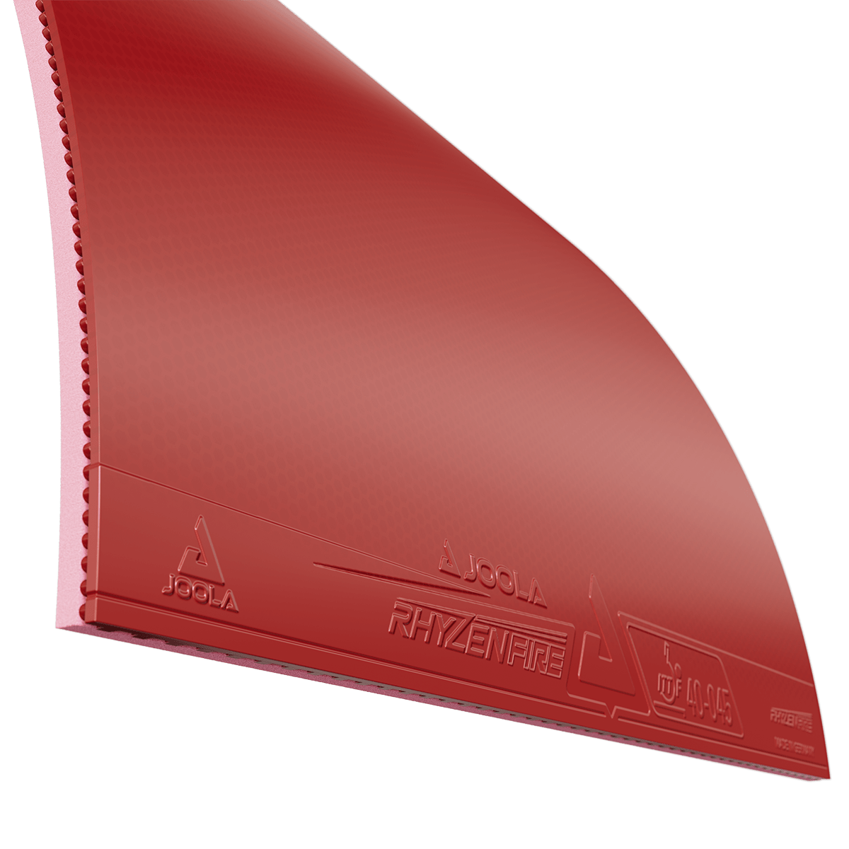 Red JOOLA Rhyzenfire table tennis rubber with pimple structure.