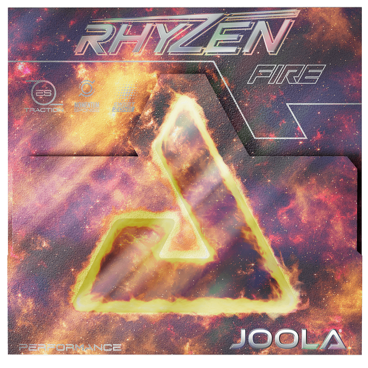 JOOLA Rhyzen Fire table tennis rubber with fiery space graphic and Performance logo.