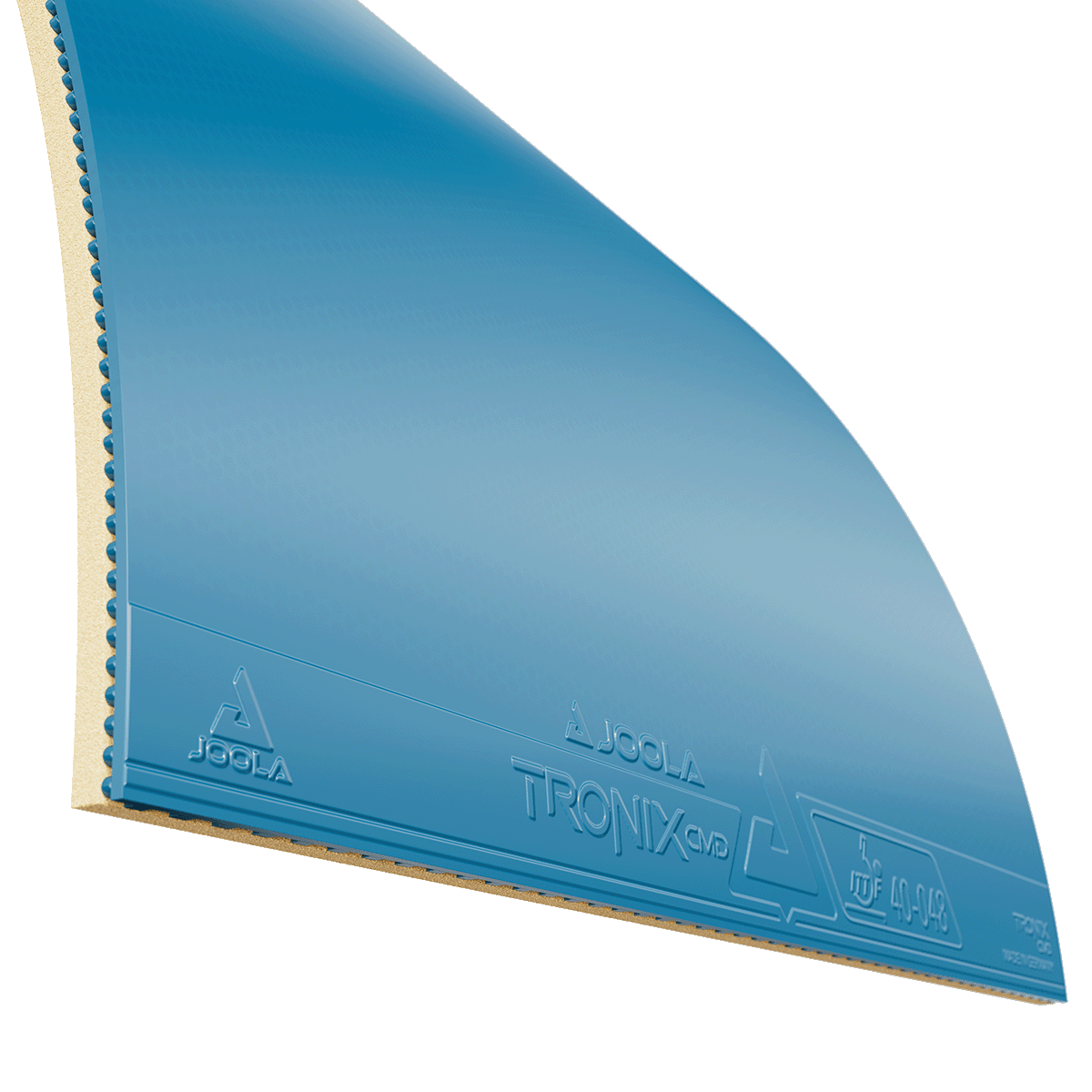 Blue JOOLA TRONIX CMD table tennis rubber with pimple structure on the underside.