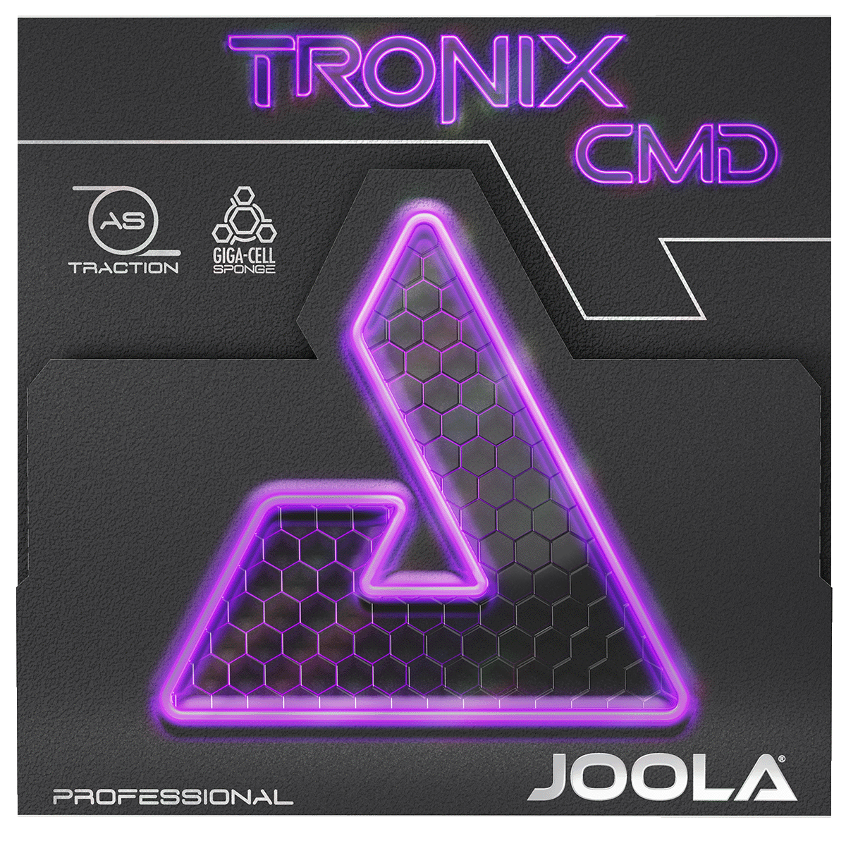 Packaging of the JOOLA table tennis rubber Tronix CMD with neon purple logo and lettering.