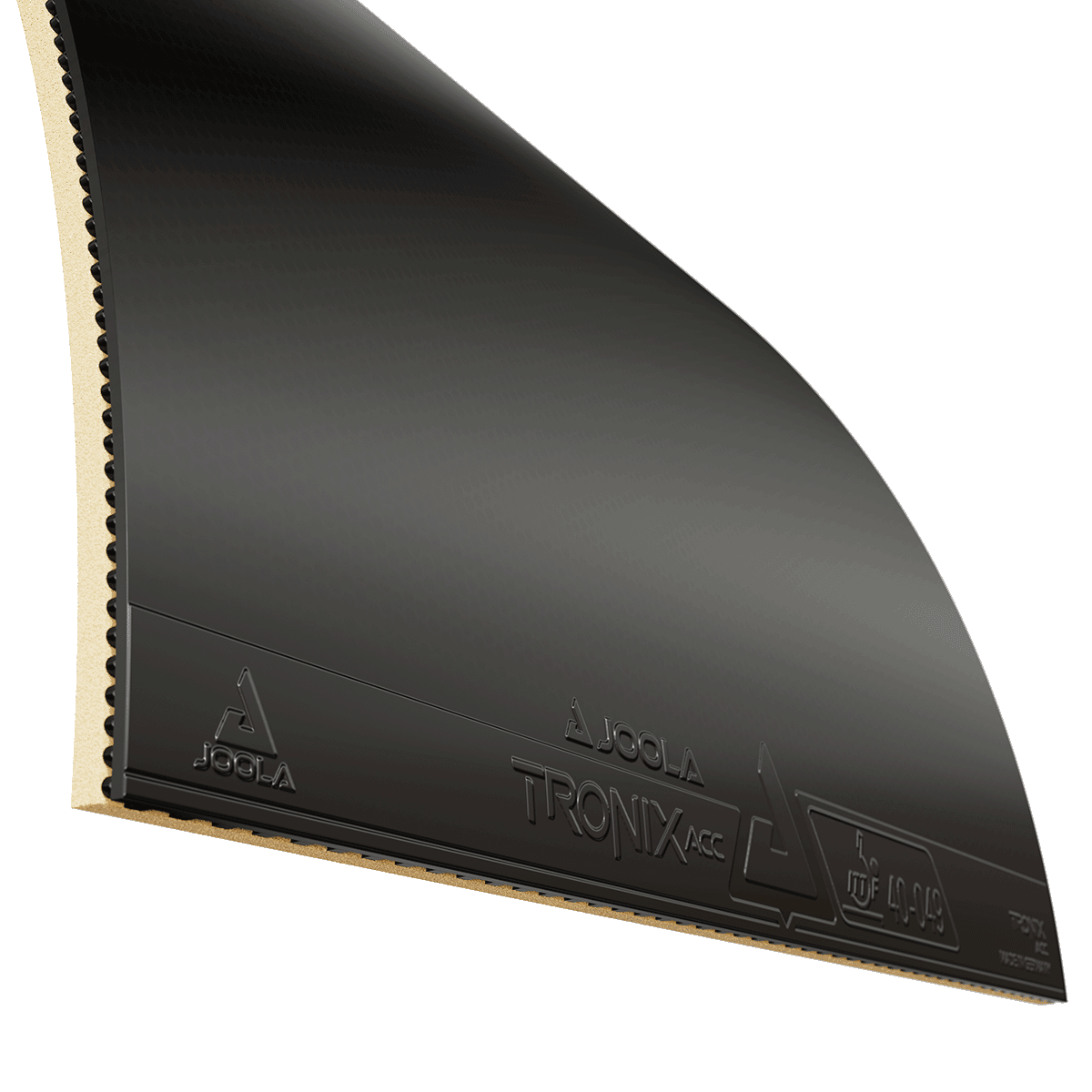 Black table tennis rubber JOOLA Tronix ACC with pimple structure and cross-section wood layer.