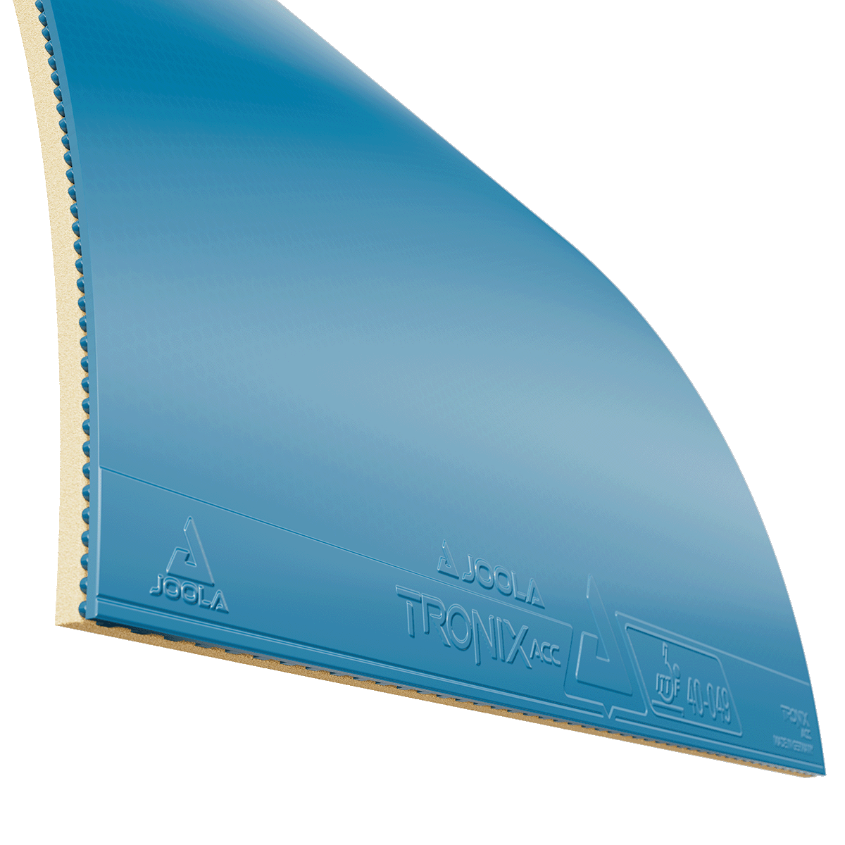 Close-up of blue JOOLA Tronix ACC table tennis rubber with sponge.