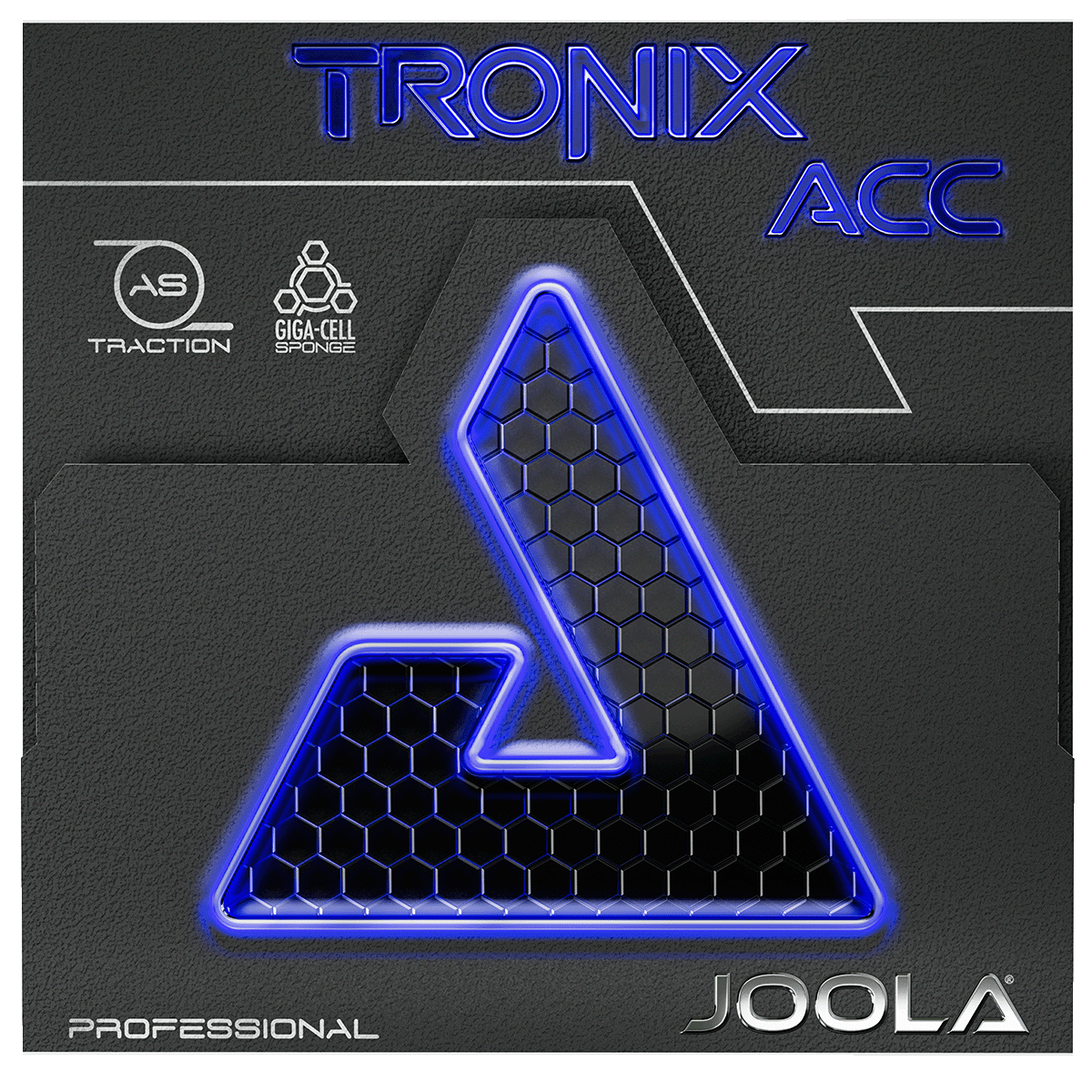 Product packaging for JOOLA TRONIX ACC table tennis rubber with AS Traction and Giga-Cell Sponge technologies.