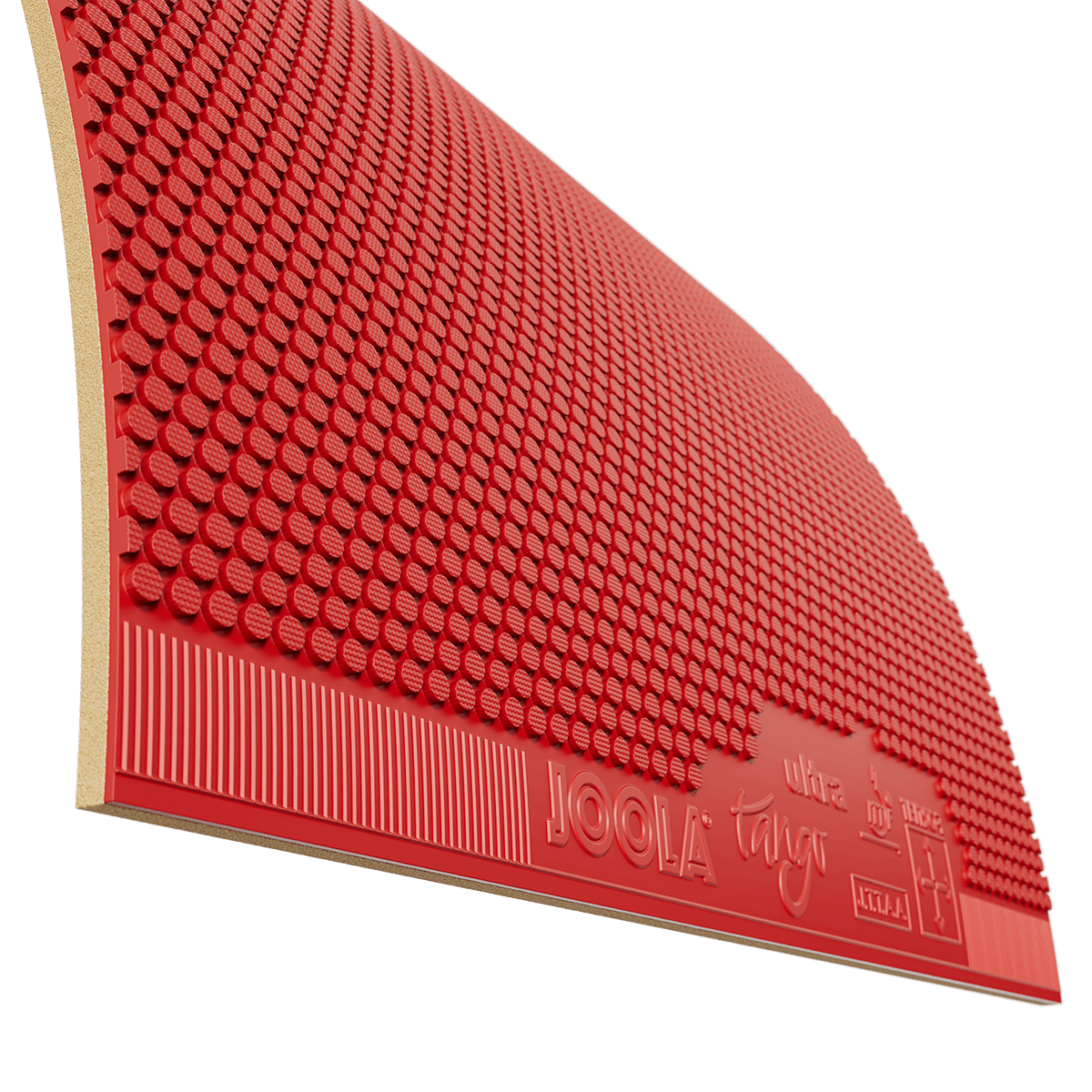 Close-up of red JOOLA table tennis rubber with pimple structure and wooden handle.